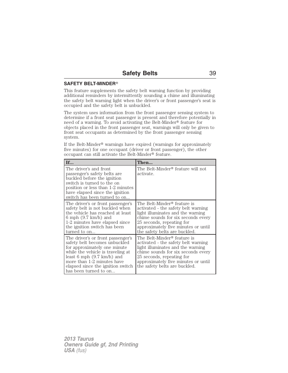 Safety belt-minder, Safety belts 39 | FORD 2013 Taurus v.2 User Manual | Page 39 / 541