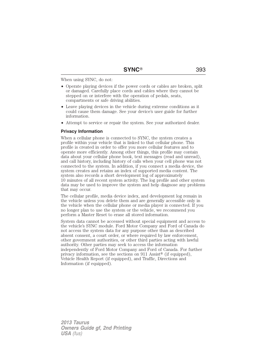 Privacy information, Sync 姞 393 | FORD 2013 Taurus v.2 User Manual | Page 393 / 541