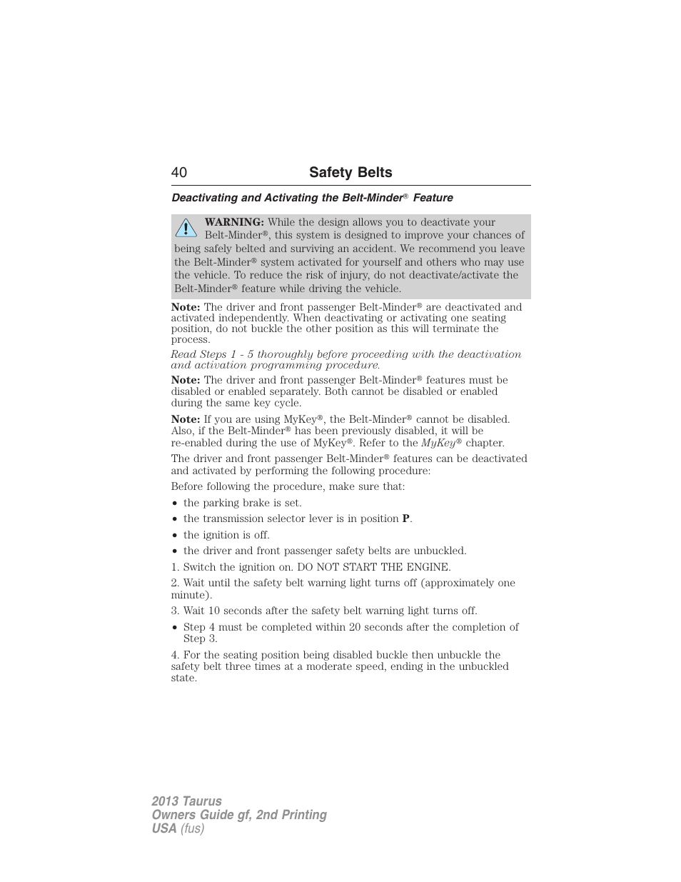 40 safety belts | FORD 2013 Taurus v.2 User Manual | Page 40 / 541