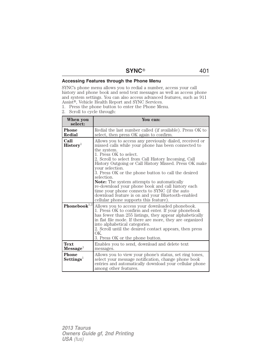 Accessing features through the phone menu, Sync 姞 401 | FORD 2013 Taurus v.2 User Manual | Page 401 / 541