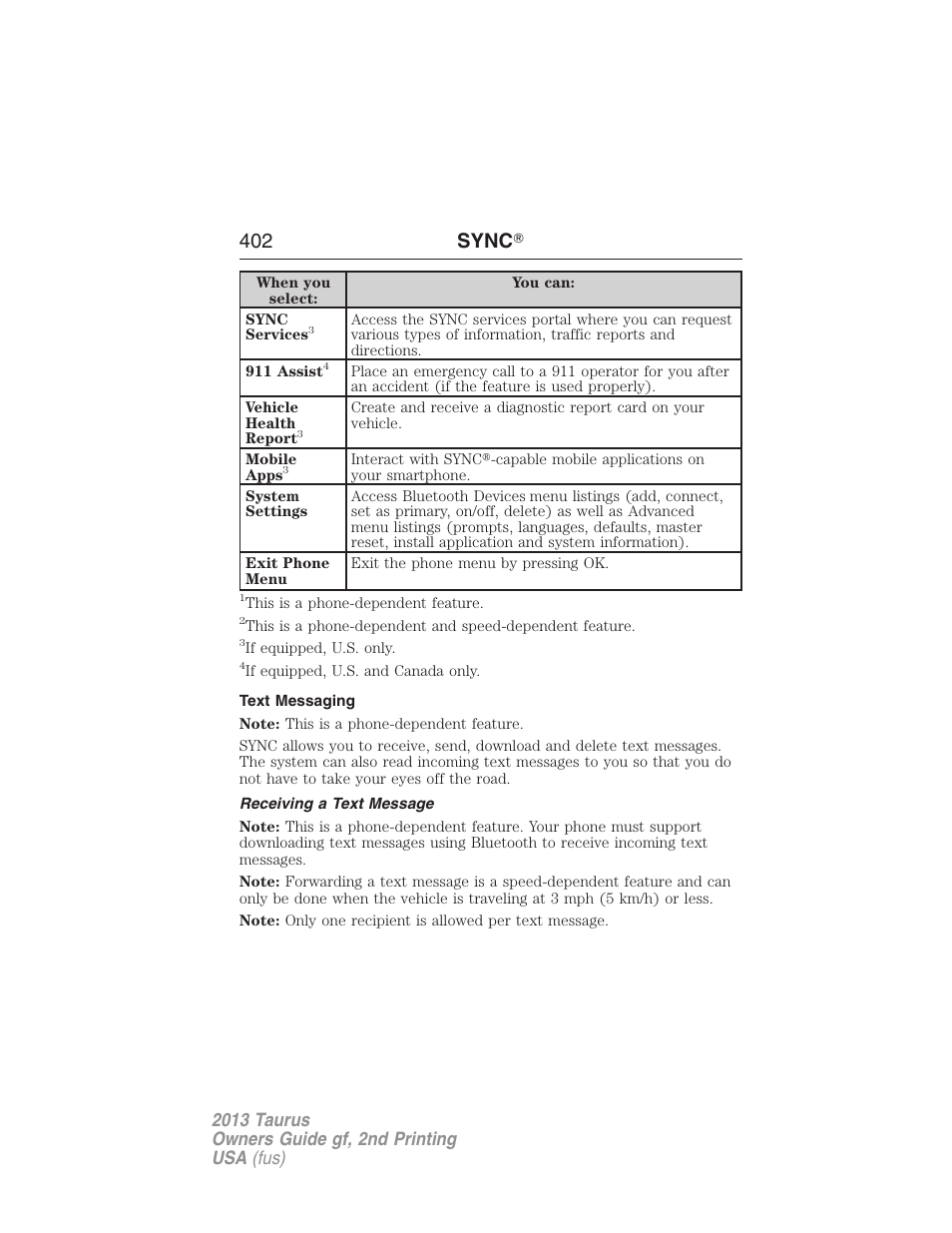 Text messaging, Receiving a text message, 402 sync 姞 | FORD 2013 Taurus v.2 User Manual | Page 402 / 541