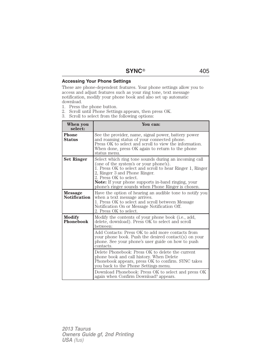 Accessing your phone settings, Sync 姞 405 | FORD 2013 Taurus v.2 User Manual | Page 405 / 541