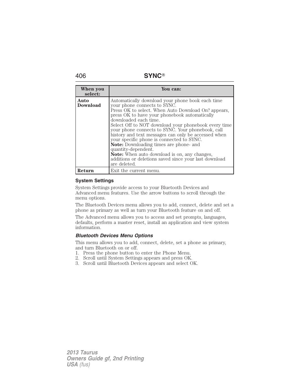 System settings, Bluetooth devices menu options, 406 sync 姞 | FORD 2013 Taurus v.2 User Manual | Page 406 / 541