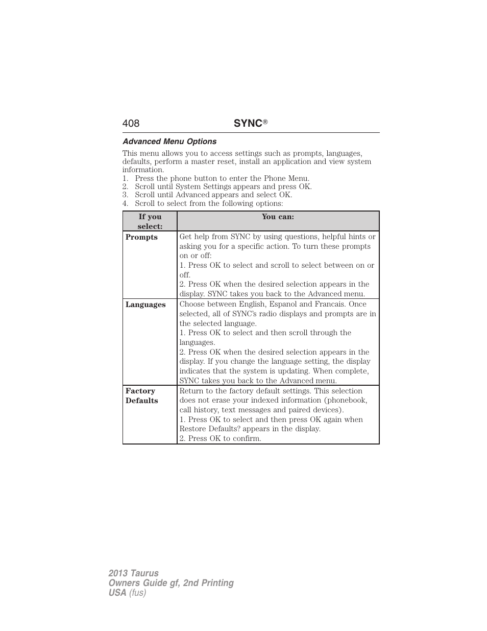 Advanced menu options, 408 sync 姞 | FORD 2013 Taurus v.2 User Manual | Page 408 / 541