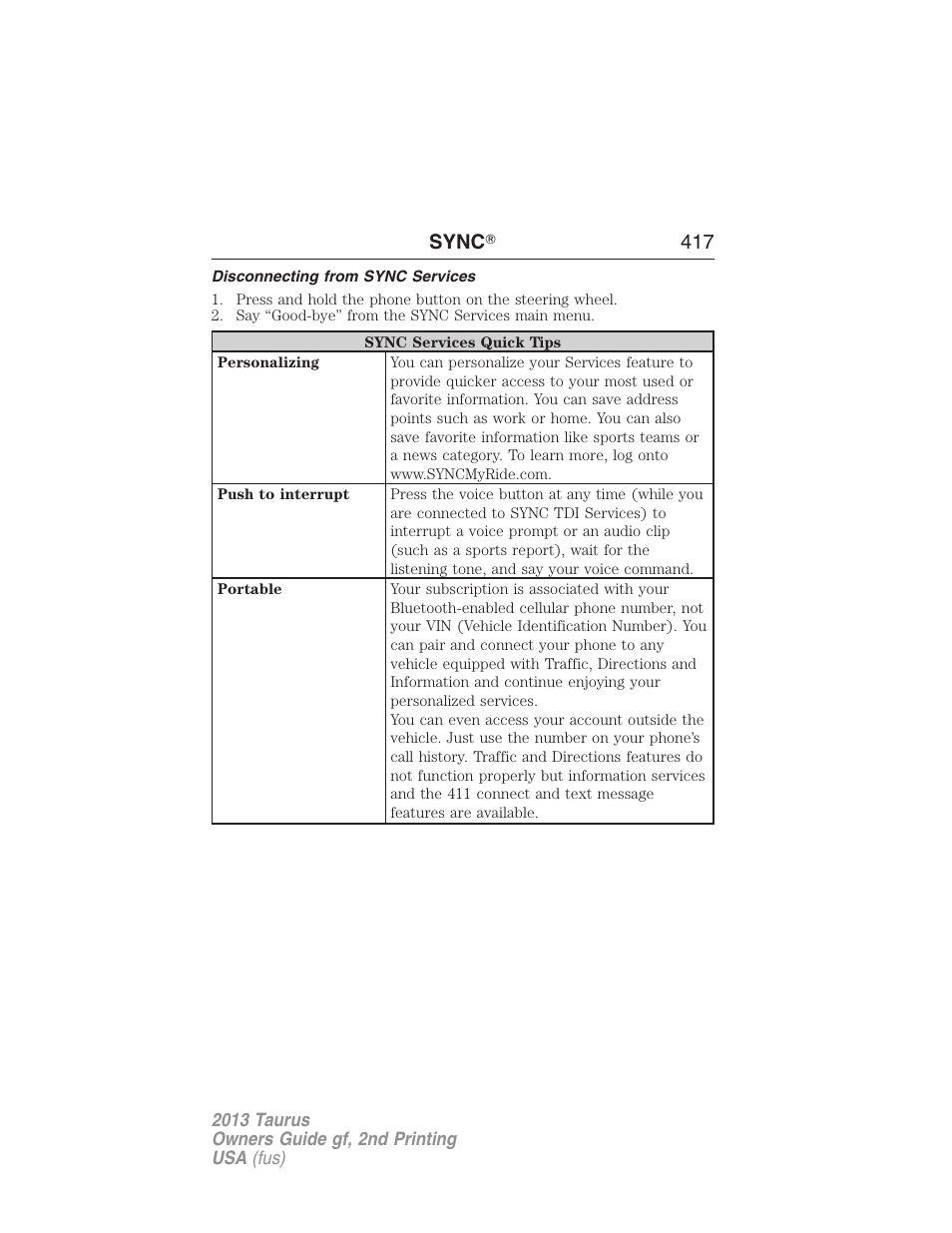 Disconnecting from sync services, Sync 姞 417 | FORD 2013 Taurus v.2 User Manual | Page 417 / 541