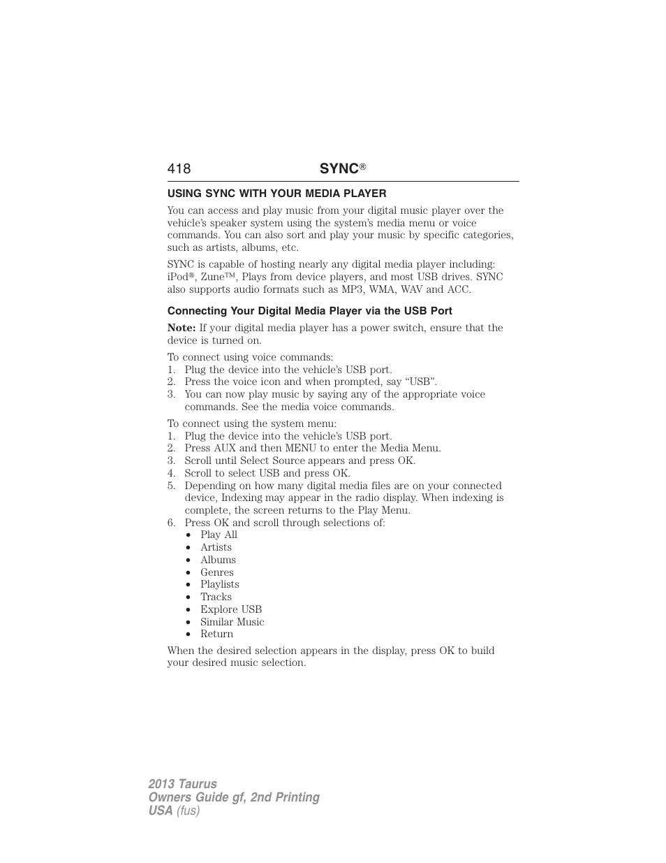 Using sync with your media player, 418 sync 姞 | FORD 2013 Taurus v.2 User Manual | Page 418 / 541