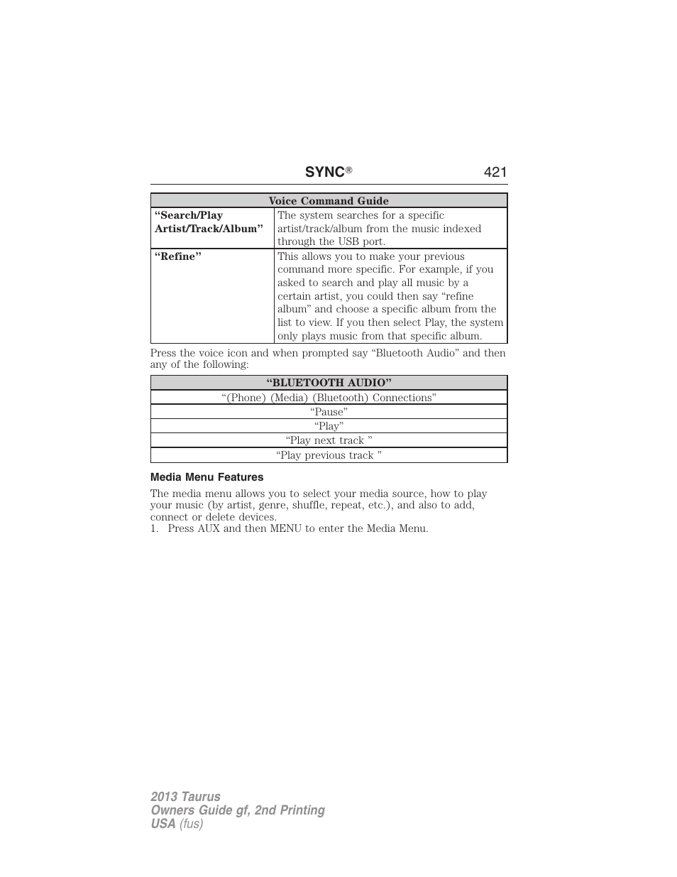 Media menu features, Sync 姞 421 | FORD 2013 Taurus v.2 User Manual | Page 421 / 541