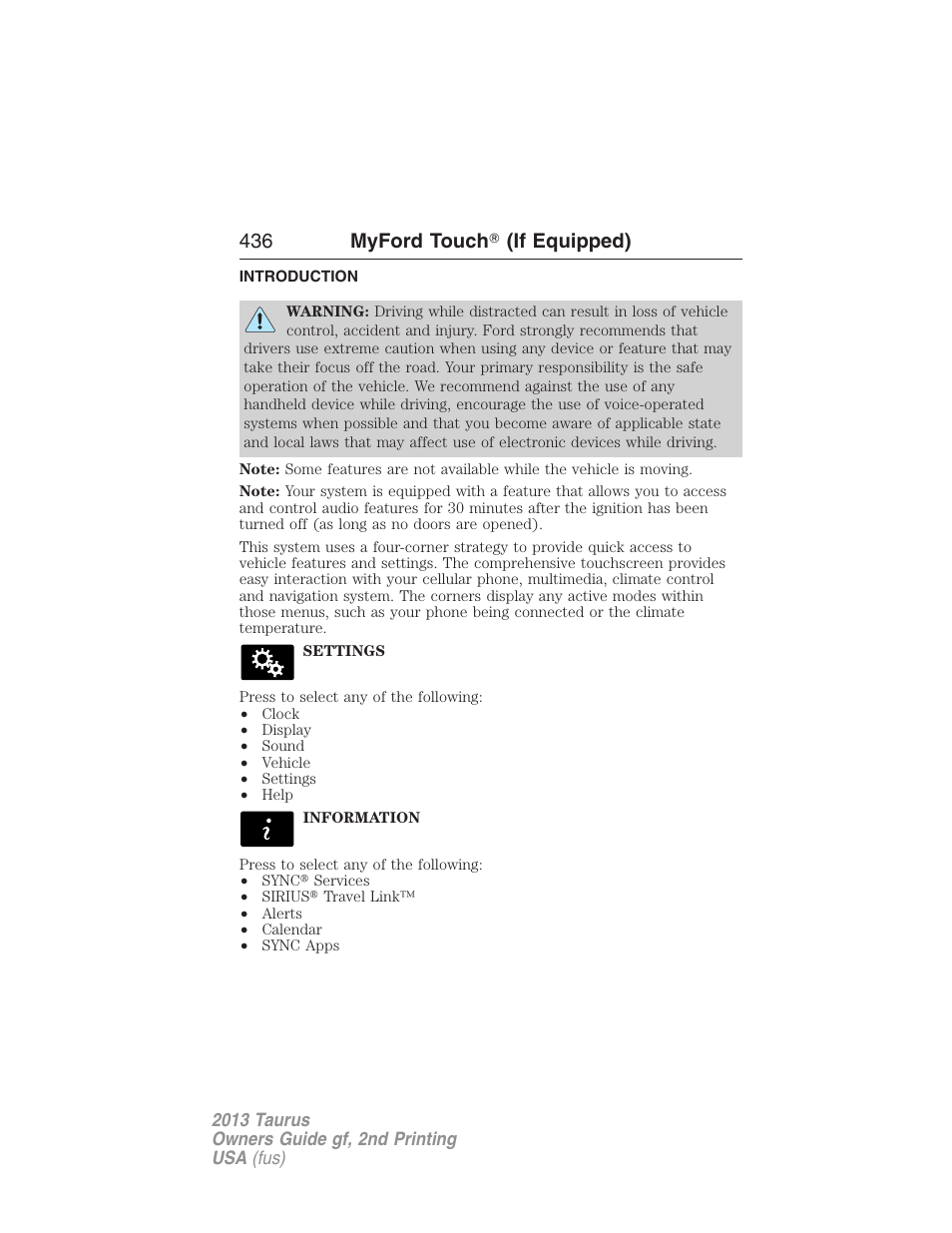 Myford touchĥ (if equipped), Introduction, Myford touch | If equipped), 436 myford touch 姞 (if equipped) | FORD 2013 Taurus v.2 User Manual | Page 436 / 541