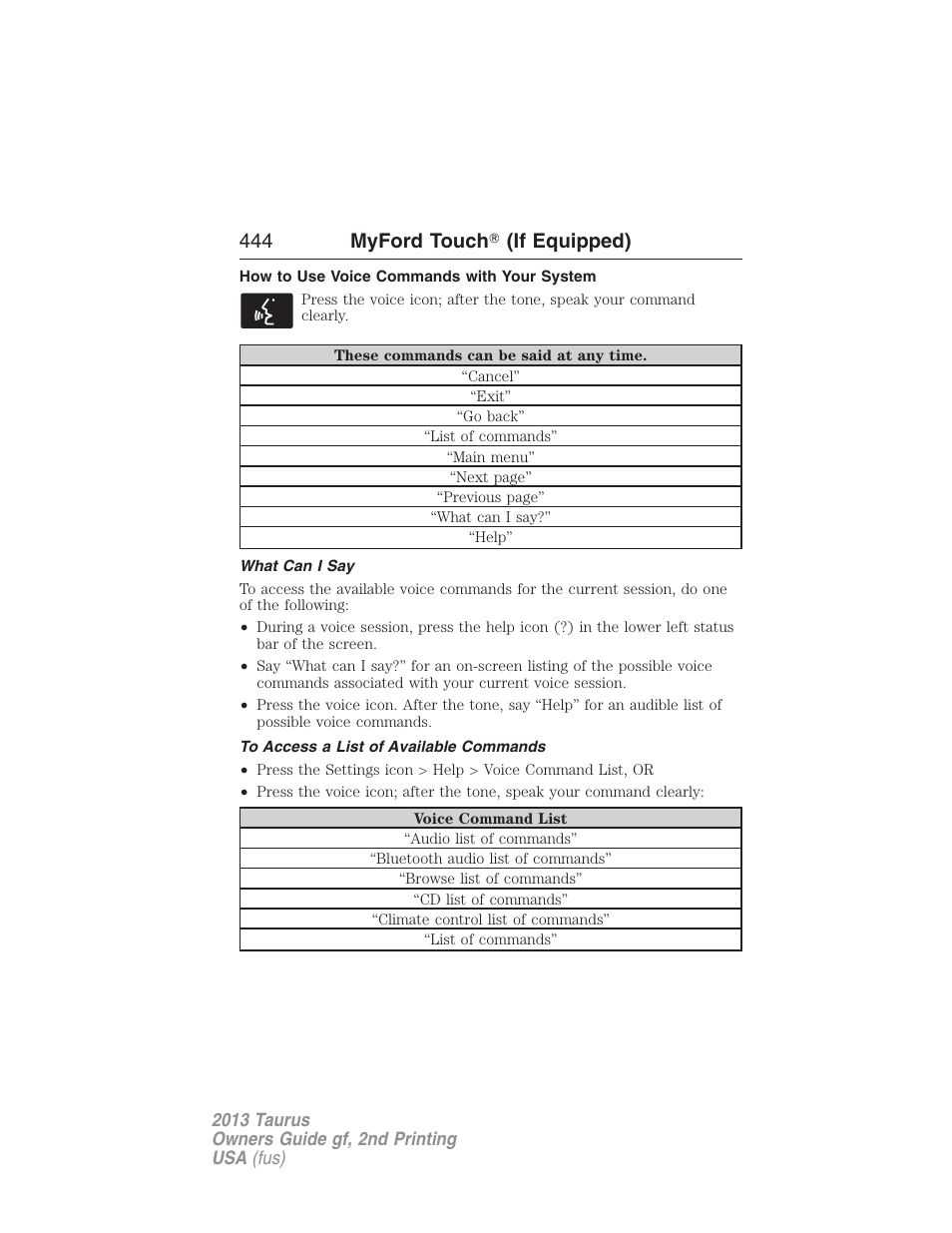 How to use voice commands with your system, What can i say, To access a list of available commands | 444 myford touch 姞 (if equipped) | FORD 2013 Taurus v.2 User Manual | Page 444 / 541