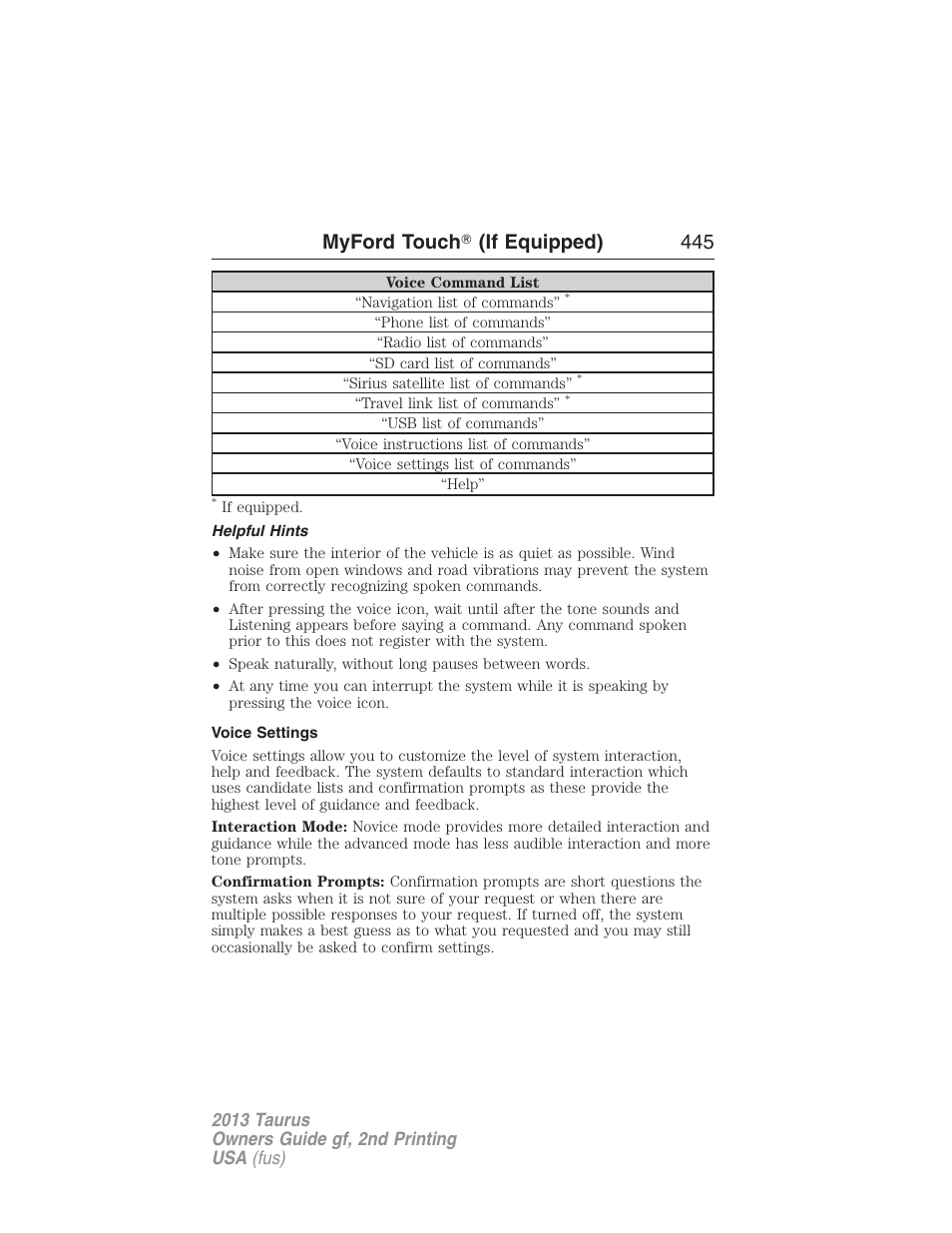 Helpful hints, Voice settings, Myford touch 姞 (if equipped) 445 | FORD 2013 Taurus v.2 User Manual | Page 445 / 541