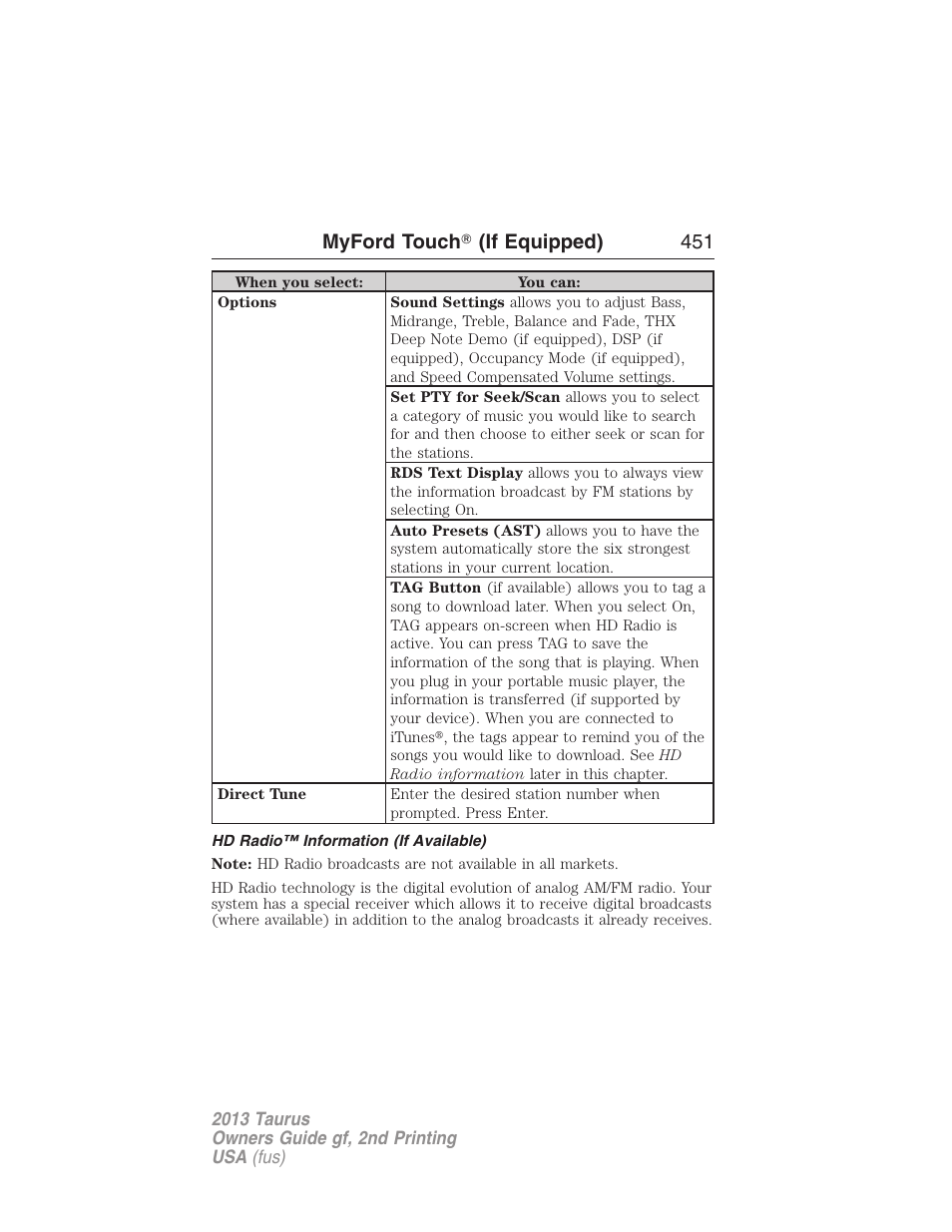 Hd radio™ information (if available), Myford touch 姞 (if equipped) 451 | FORD 2013 Taurus v.2 User Manual | Page 451 / 541