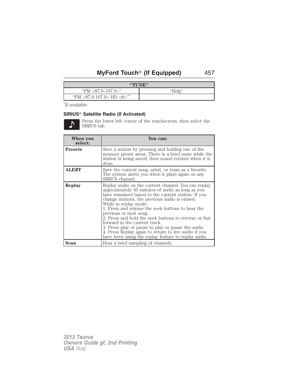 Sirius? satellite radio (if activated), Myford touch 姞 (if equipped) 457 | FORD 2013 Taurus v.2 User Manual | Page 457 / 541