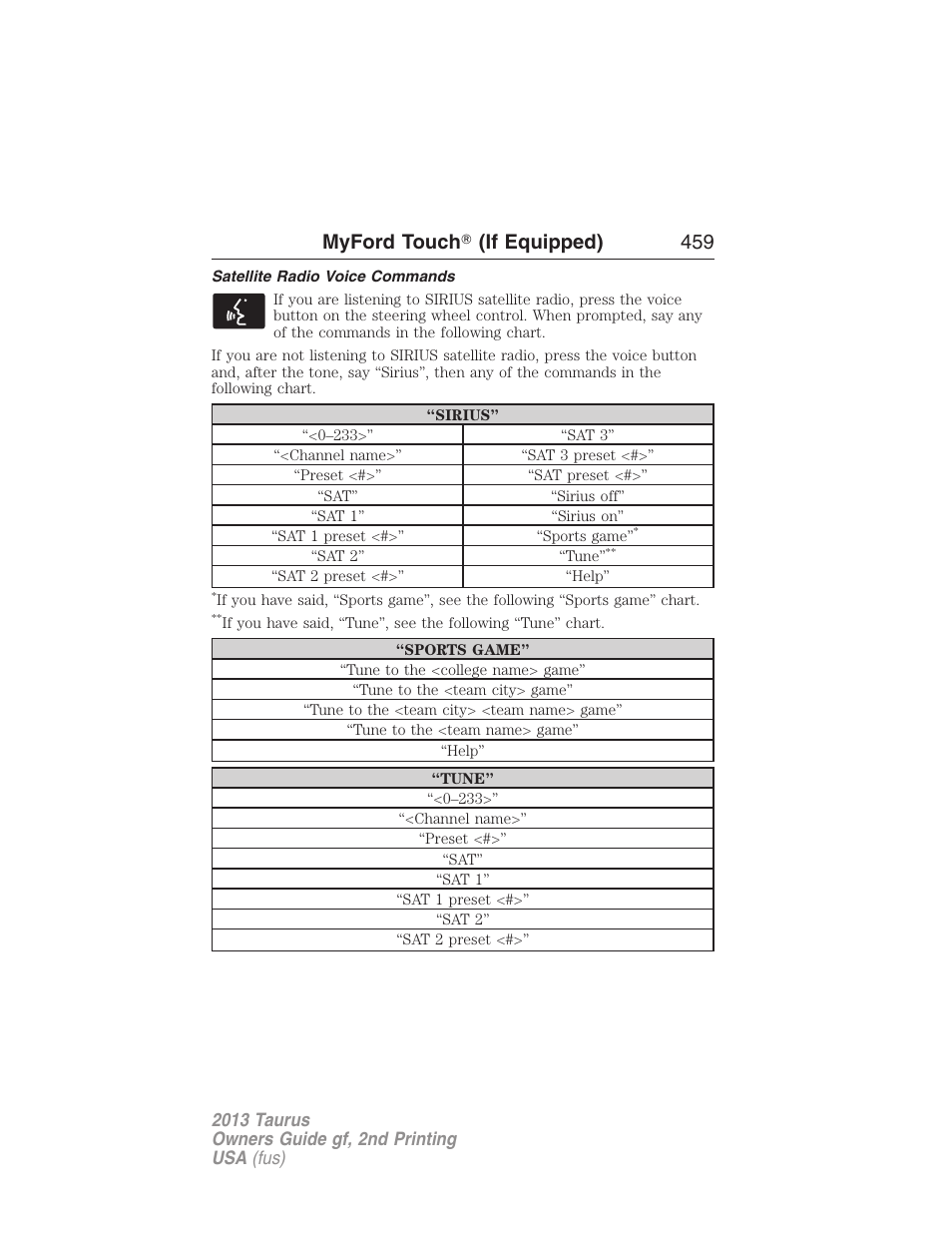 Satellite radio voice commands, Myford touch 姞 (if equipped) 459 | FORD 2013 Taurus v.2 User Manual | Page 459 / 541