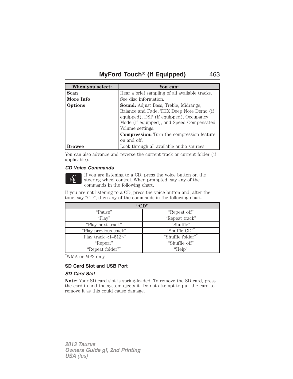 Cd voice commands, Sd card slot and usb port, Sd card slot | Myford touch 姞 (if equipped) 463 | FORD 2013 Taurus v.2 User Manual | Page 463 / 541