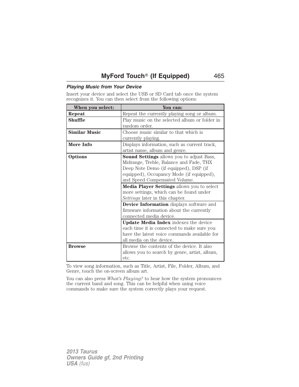 Playing music from your device, Myford touch 姞 (if equipped) 465 | FORD 2013 Taurus v.2 User Manual | Page 465 / 541