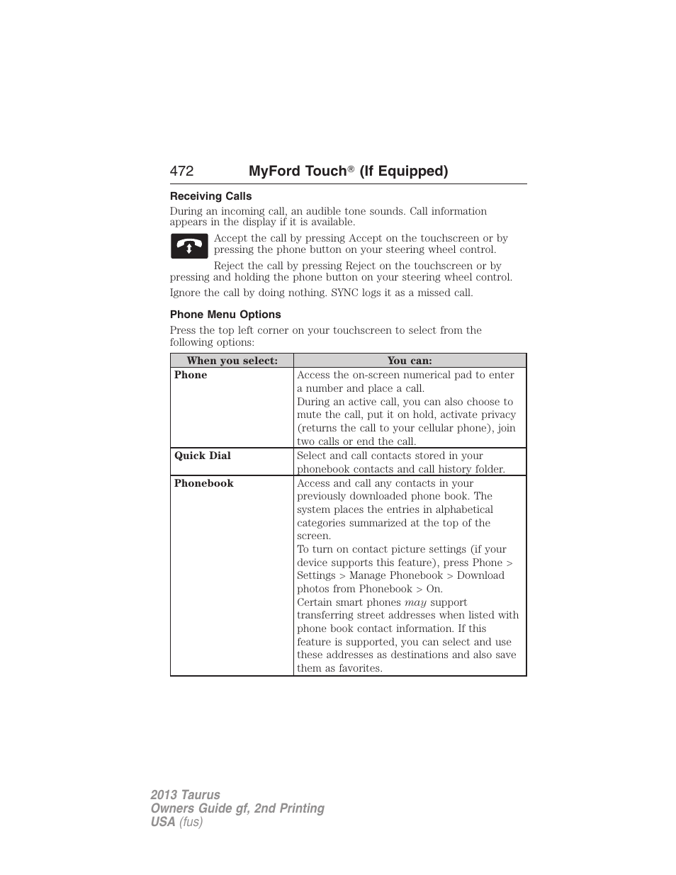 Receiving calls, Phone menu options, 472 myford touch 姞 (if equipped) | FORD 2013 Taurus v.2 User Manual | Page 472 / 541