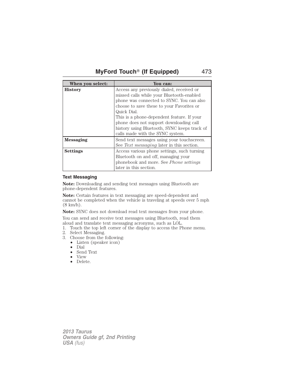 Text messaging, Myford touch 姞 (if equipped) 473 | FORD 2013 Taurus v.2 User Manual | Page 473 / 541