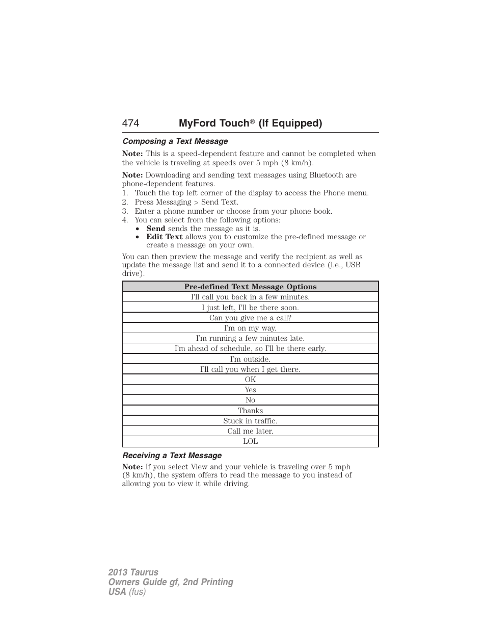 Composing a text message, Receiving a text message, 474 myford touch 姞 (if equipped) | FORD 2013 Taurus v.2 User Manual | Page 474 / 541