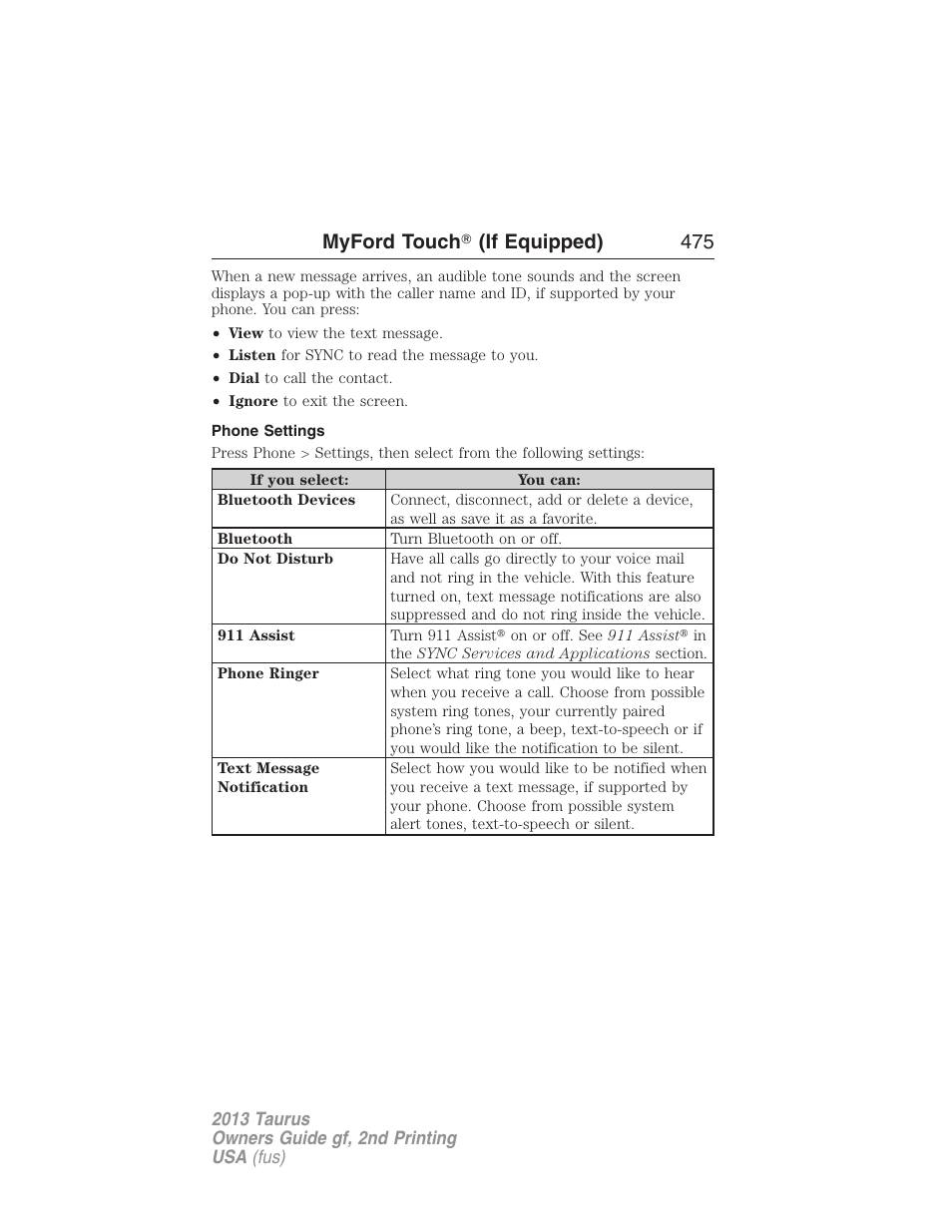 Phone settings, Myford touch 姞 (if equipped) 475 | FORD 2013 Taurus v.2 User Manual | Page 475 / 541