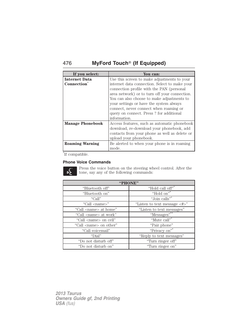 Phone voice commands, 476 myford touch 姞 (if equipped) | FORD 2013 Taurus v.2 User Manual | Page 476 / 541