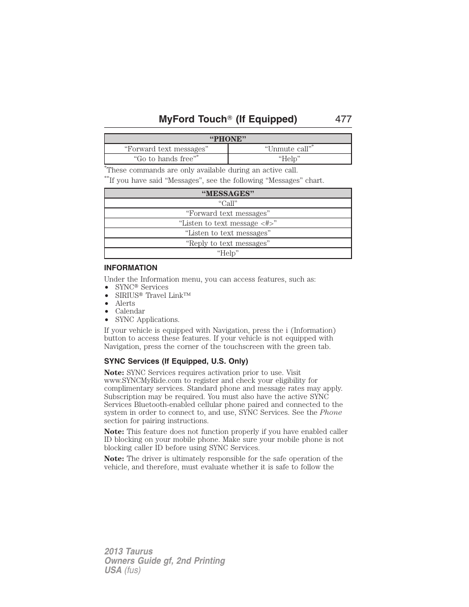 Information, Sync services (if equipped, u.s. only), Information menu | Myford touch 姞 (if equipped) 477 | FORD 2013 Taurus v.2 User Manual | Page 477 / 541