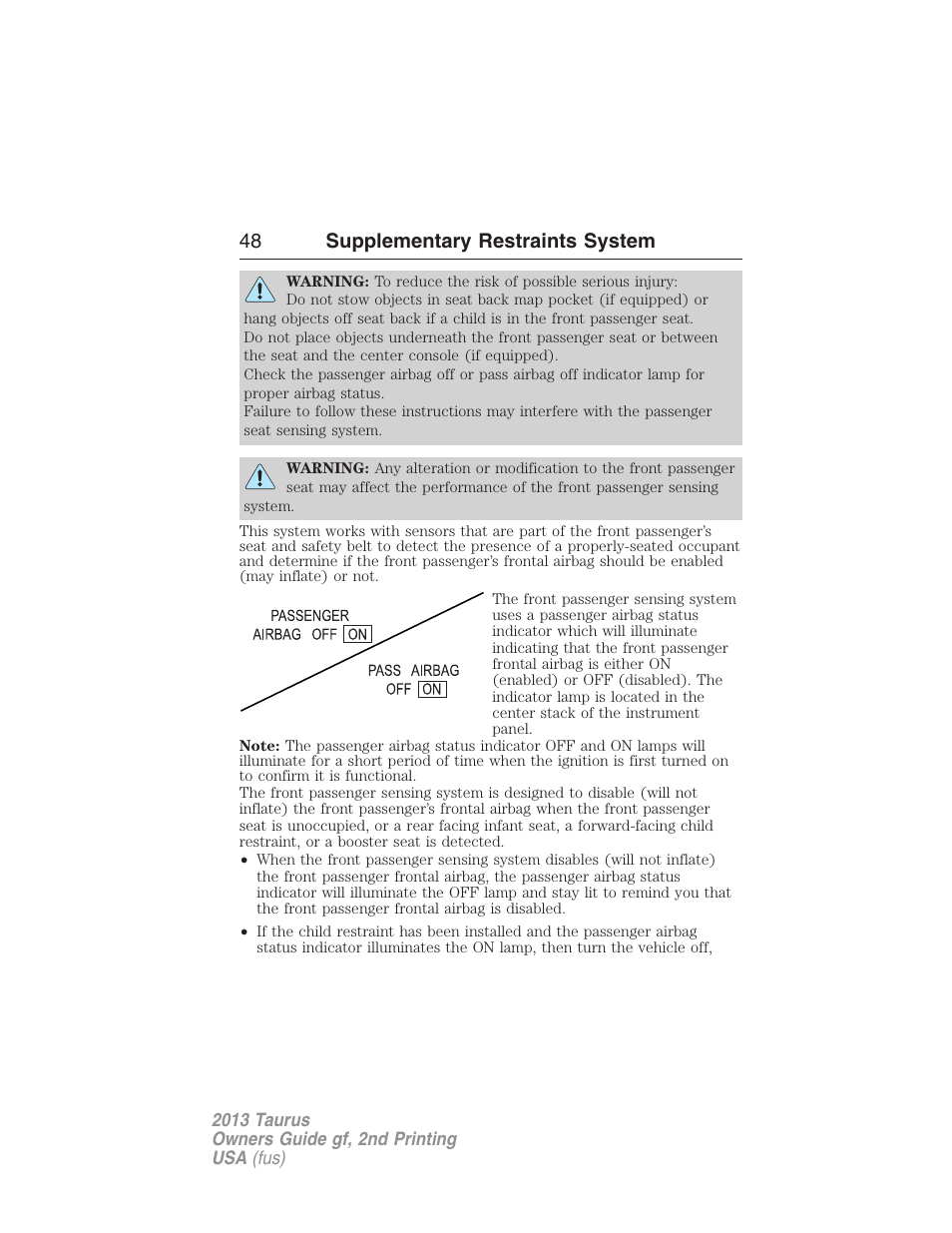 48 supplementary restraints system | FORD 2013 Taurus v.2 User Manual | Page 48 / 541