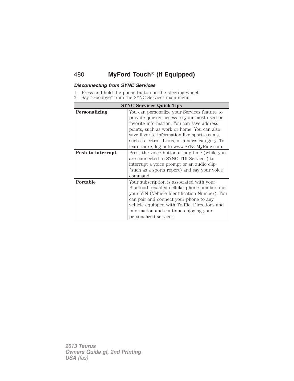 Disconnecting from sync services | FORD 2013 Taurus v.2 User Manual | Page 480 / 541