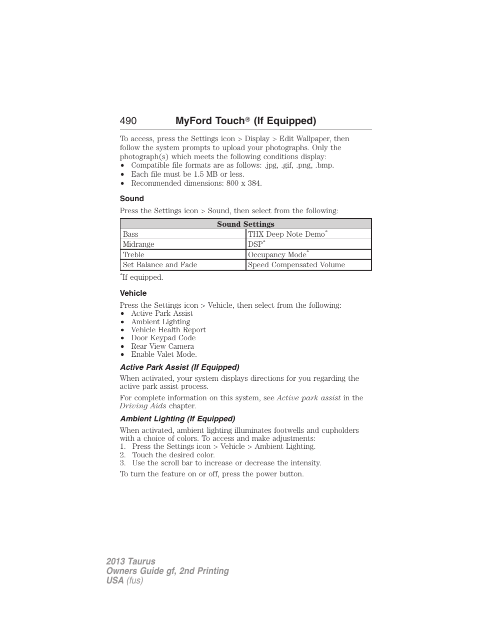 Sound, Vehicle, Active park assist (if equipped) | Ambient lighting (if equipped), 490 myford touch 姞 (if equipped) | FORD 2013 Taurus v.2 User Manual | Page 490 / 541