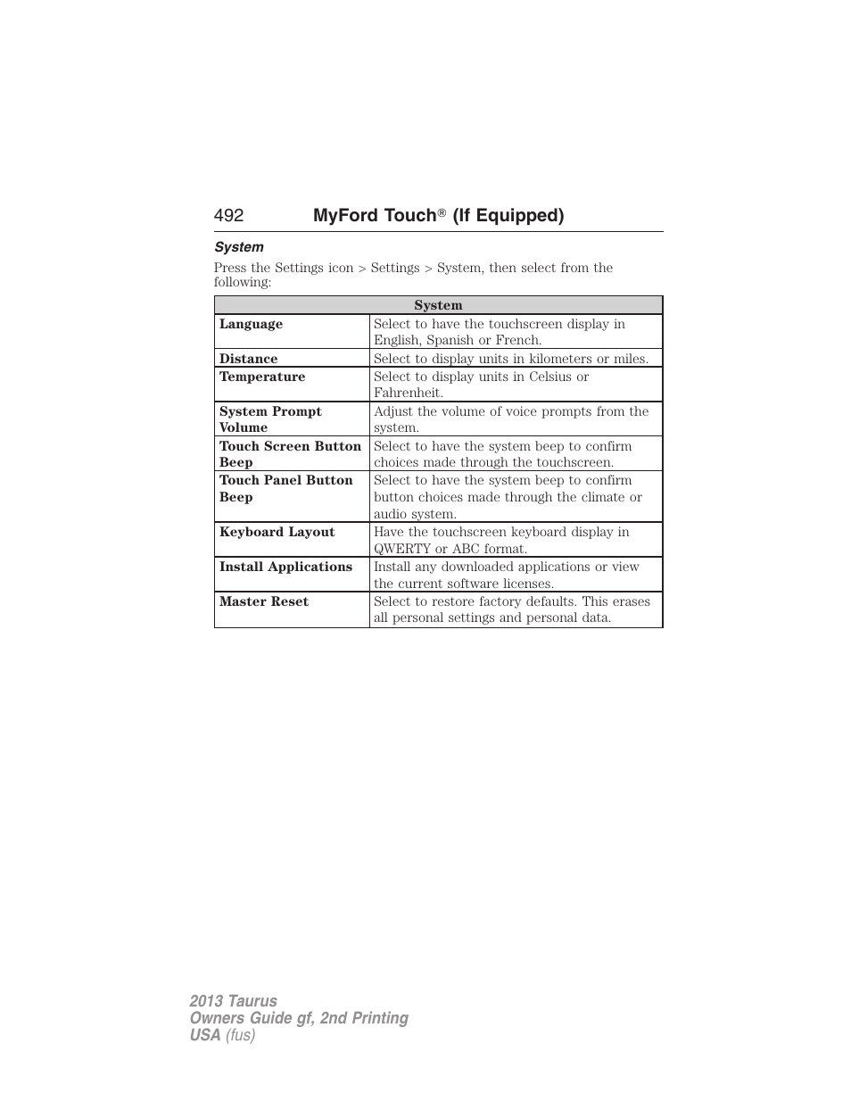 System, 492 myford touch 姞 (if equipped) | FORD 2013 Taurus v.2 User Manual | Page 492 / 541