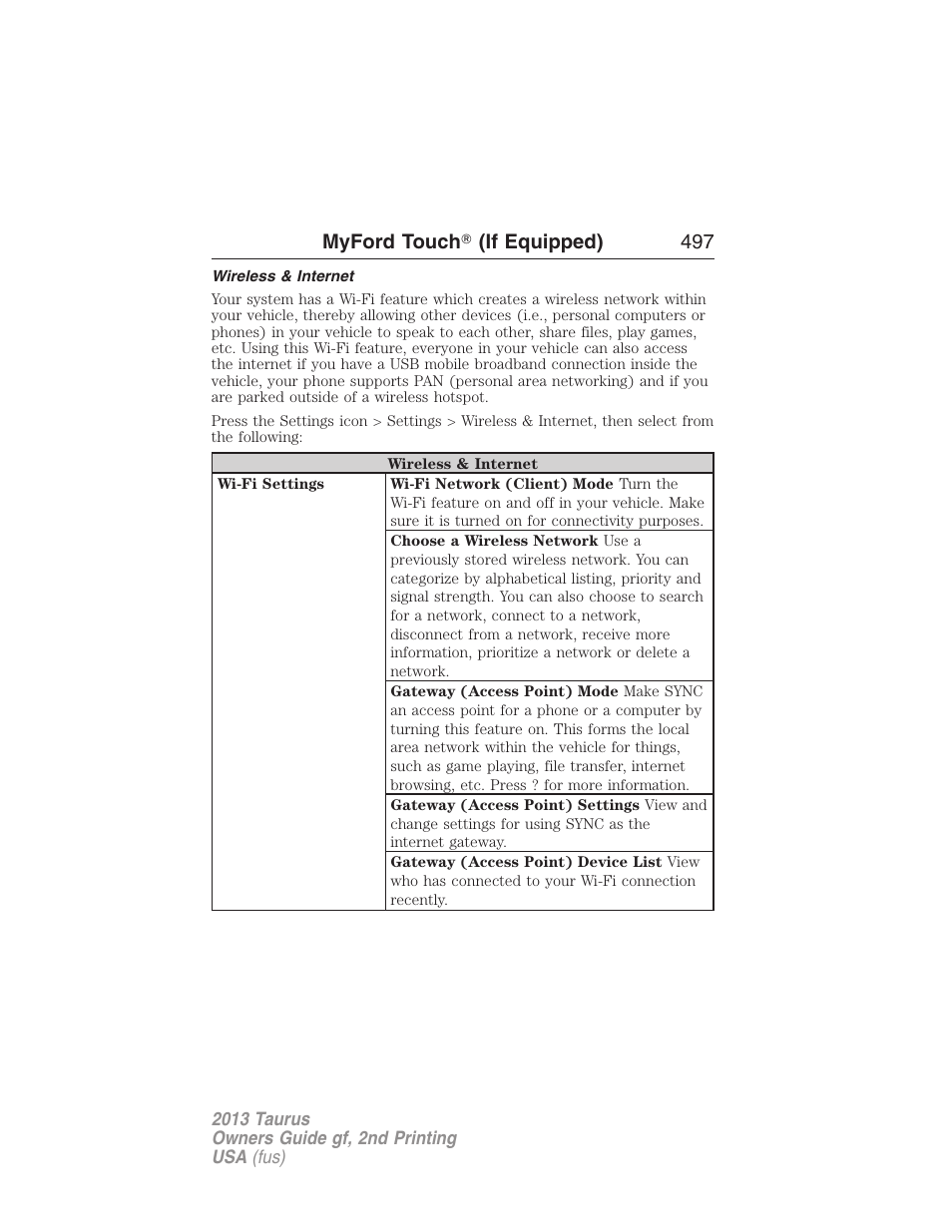 Wireless & internet, Myford touch 姞 (if equipped) 497 | FORD 2013 Taurus v.2 User Manual | Page 497 / 541