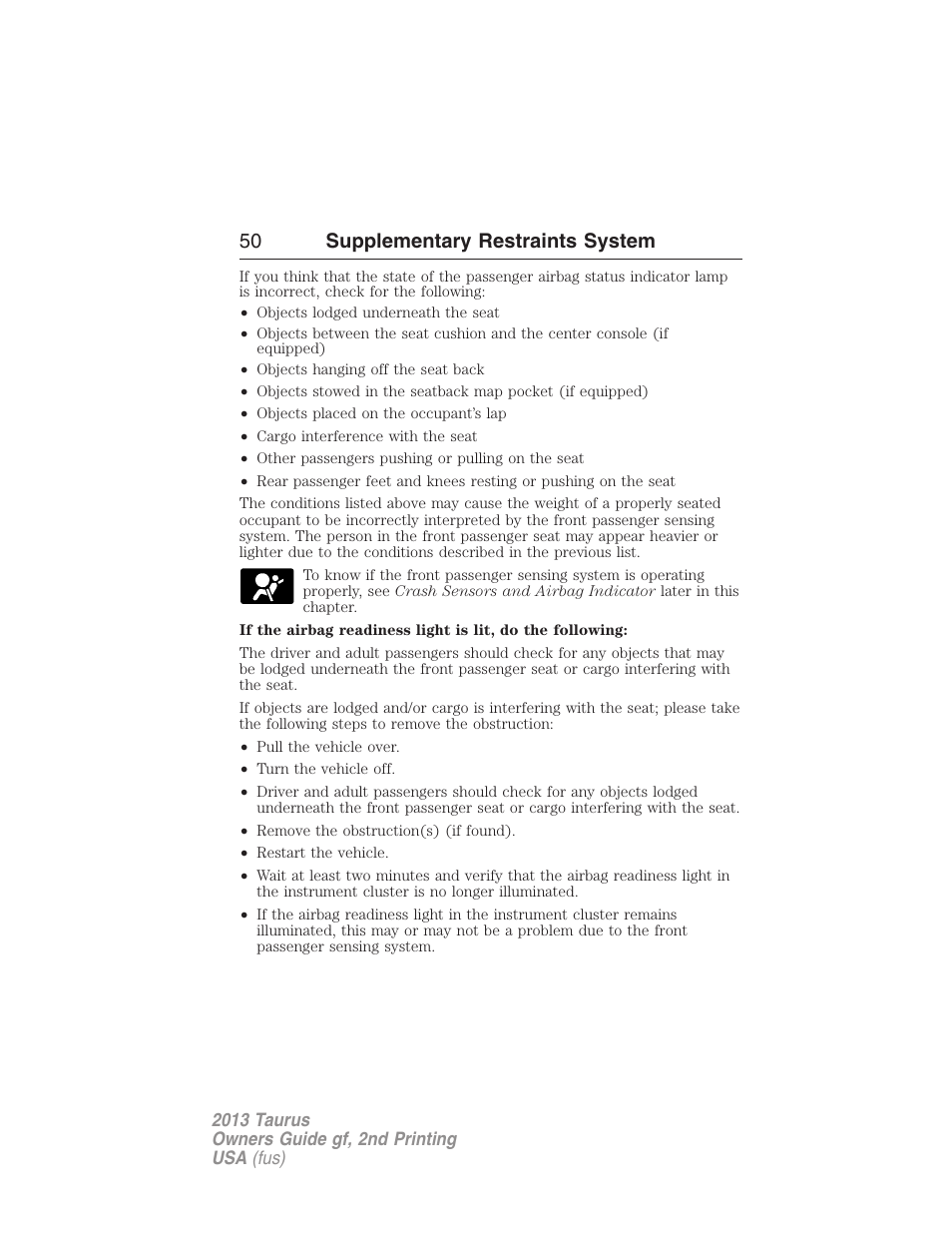 50 supplementary restraints system | FORD 2013 Taurus v.2 User Manual | Page 50 / 541