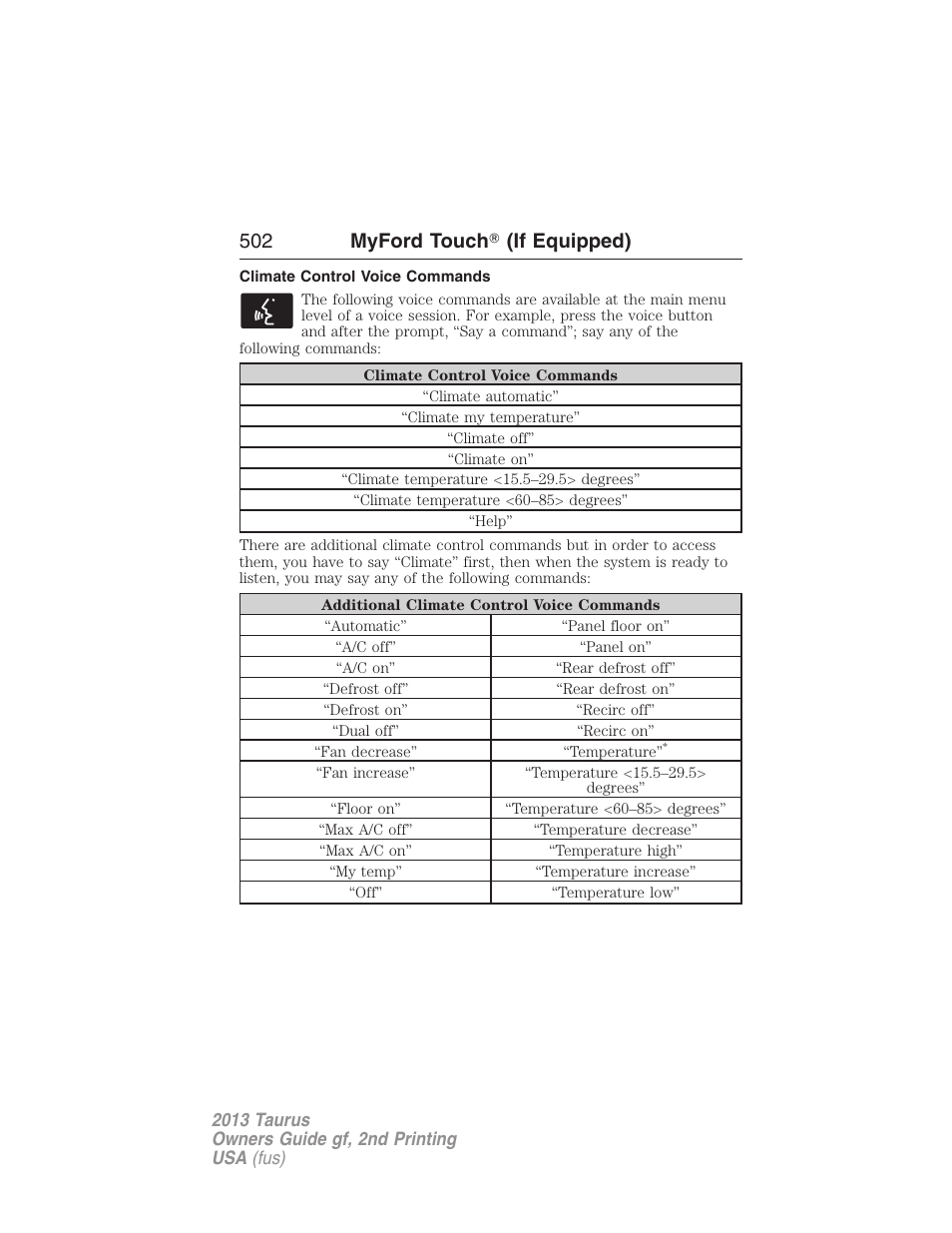 Climate control voice commands, 502 myford touch 姞 (if equipped) | FORD 2013 Taurus v.2 User Manual | Page 502 / 541