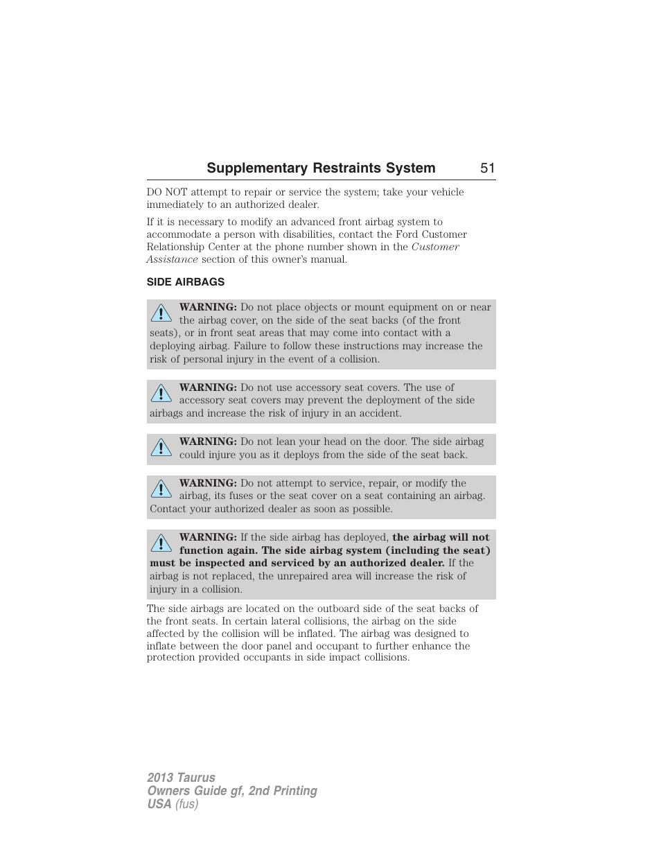 Side airbags, Supplementary restraints system 51 | FORD 2013 Taurus v.2 User Manual | Page 51 / 541