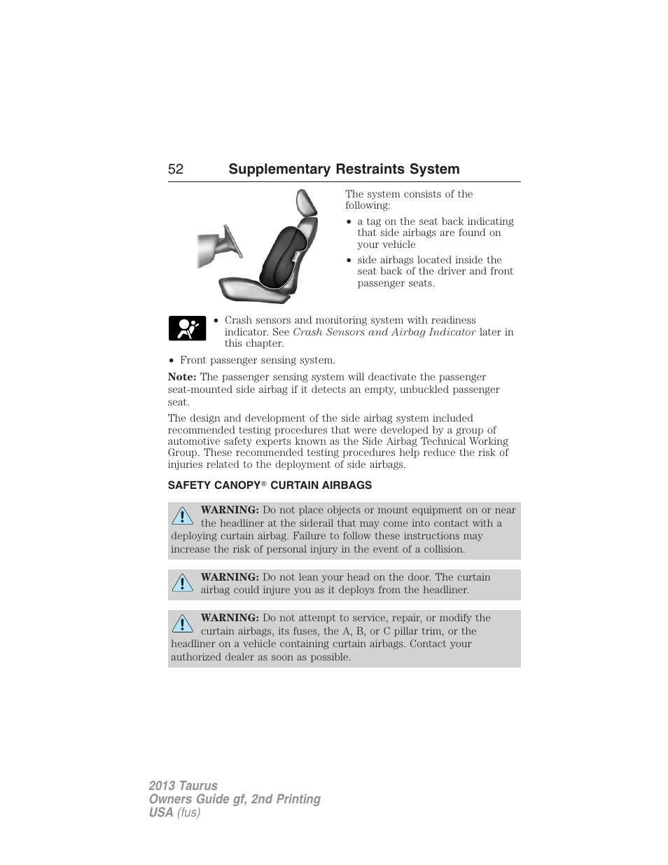 Safety canopy? curtain airbags, Safety canopy curtain airbags, 52 supplementary restraints system | FORD 2013 Taurus v.2 User Manual | Page 52 / 541