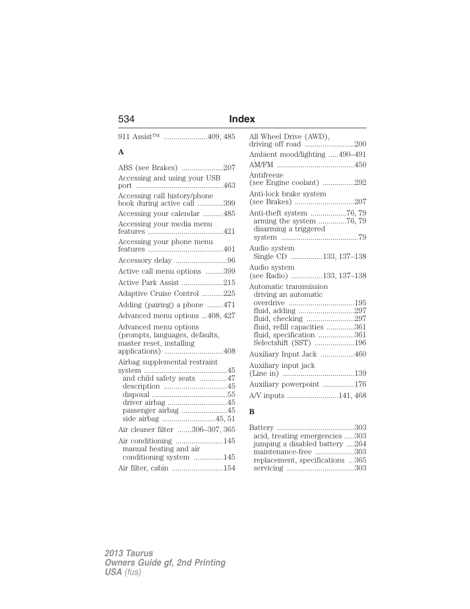 Index, 534 index | FORD 2013 Taurus v.2 User Manual | Page 534 / 541