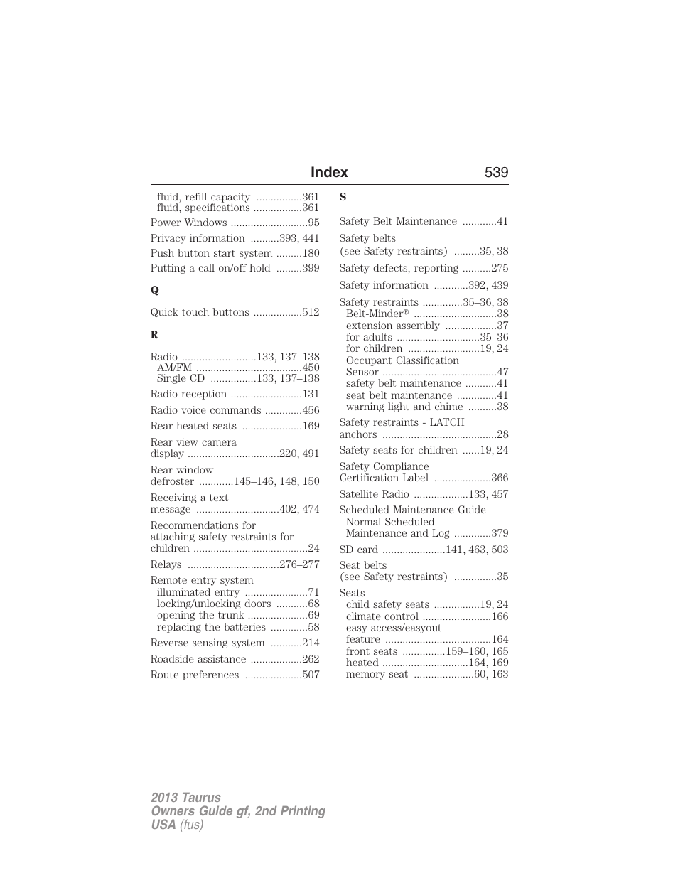 Index 539 | FORD 2013 Taurus v.2 User Manual | Page 539 / 541