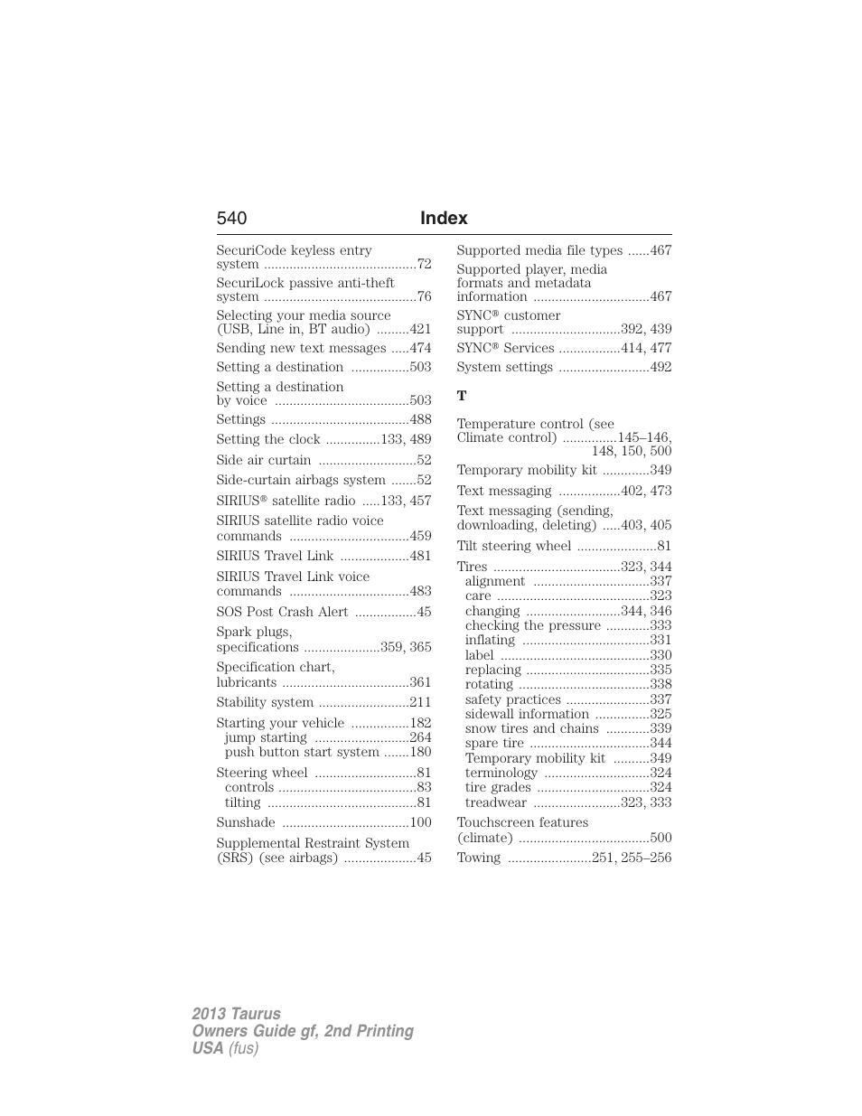 540 index | FORD 2013 Taurus v.2 User Manual | Page 540 / 541