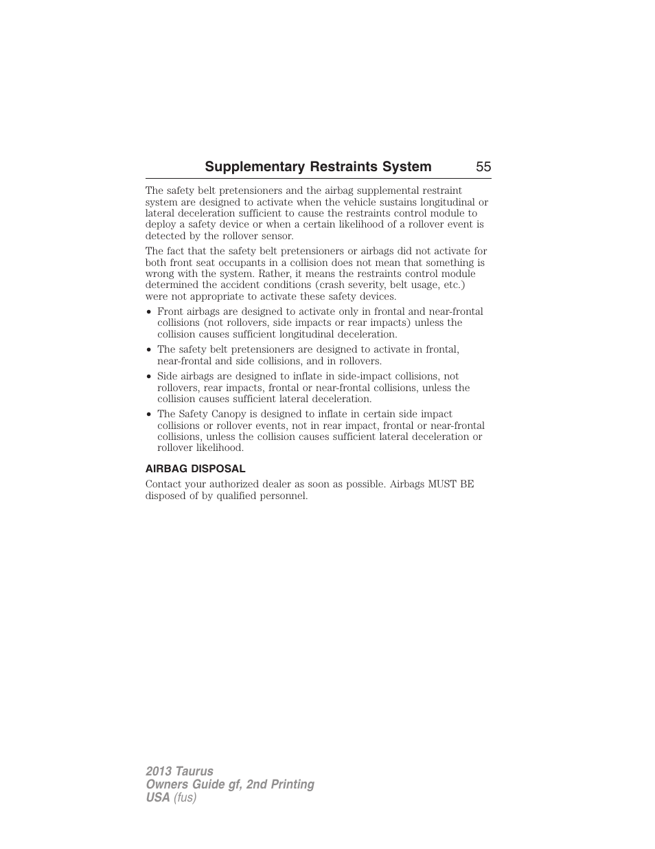 Airbag disposal, Supplementary restraints system 55 | FORD 2013 Taurus v.2 User Manual | Page 55 / 541