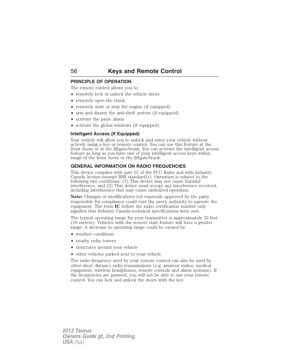 Keys and remote control, Principle of operation, Intelligent access (if equipped) | General information on radio frequencies, 56 keys and remote control | FORD 2013 Taurus v.2 User Manual | Page 56 / 541