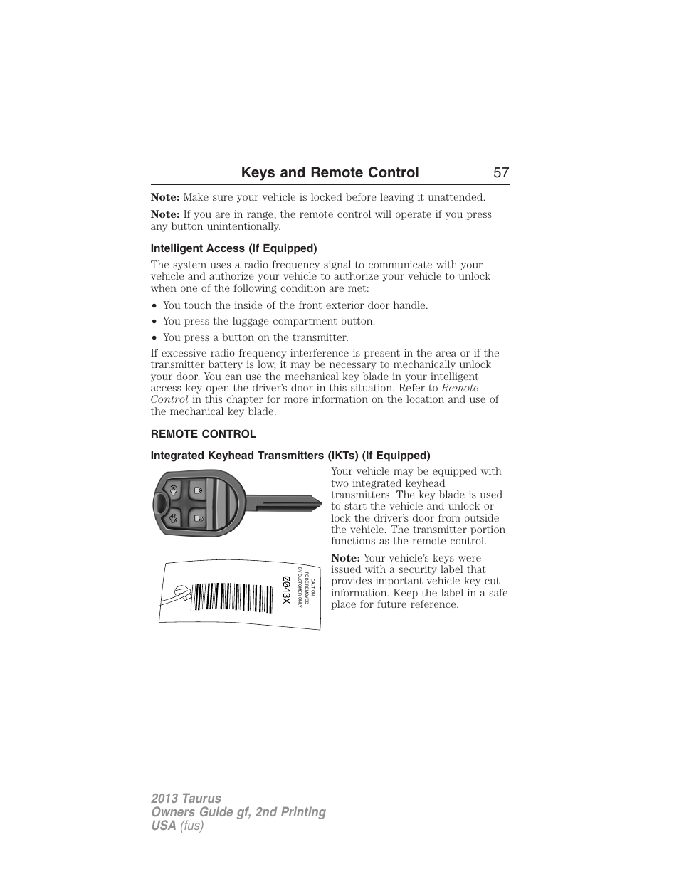 Intelligent access (if equipped), Remote control, Keys | Keys and remote control 57 | FORD 2013 Taurus v.2 User Manual | Page 57 / 541