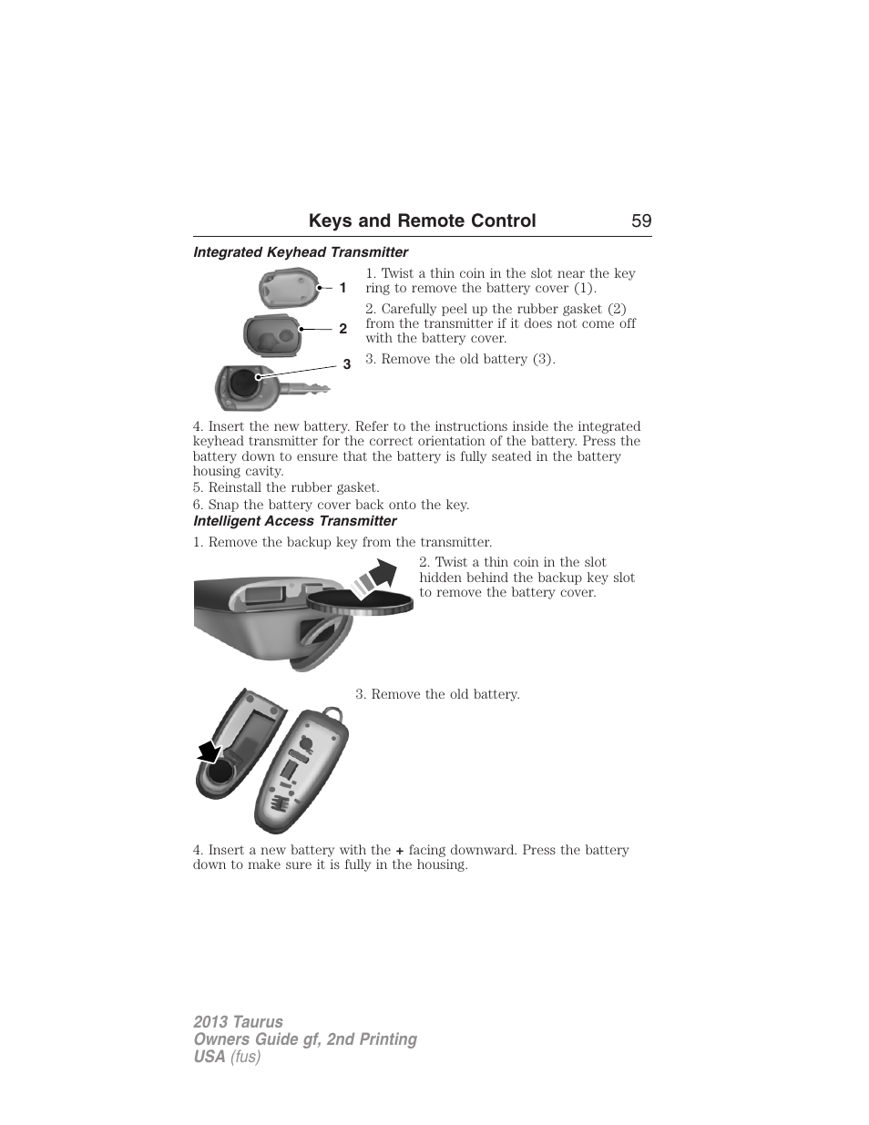 Integrated keyhead transmitter, Intelligent access transmitter, Keys and remote control 59 | FORD 2013 Taurus v.2 User Manual | Page 59 / 541