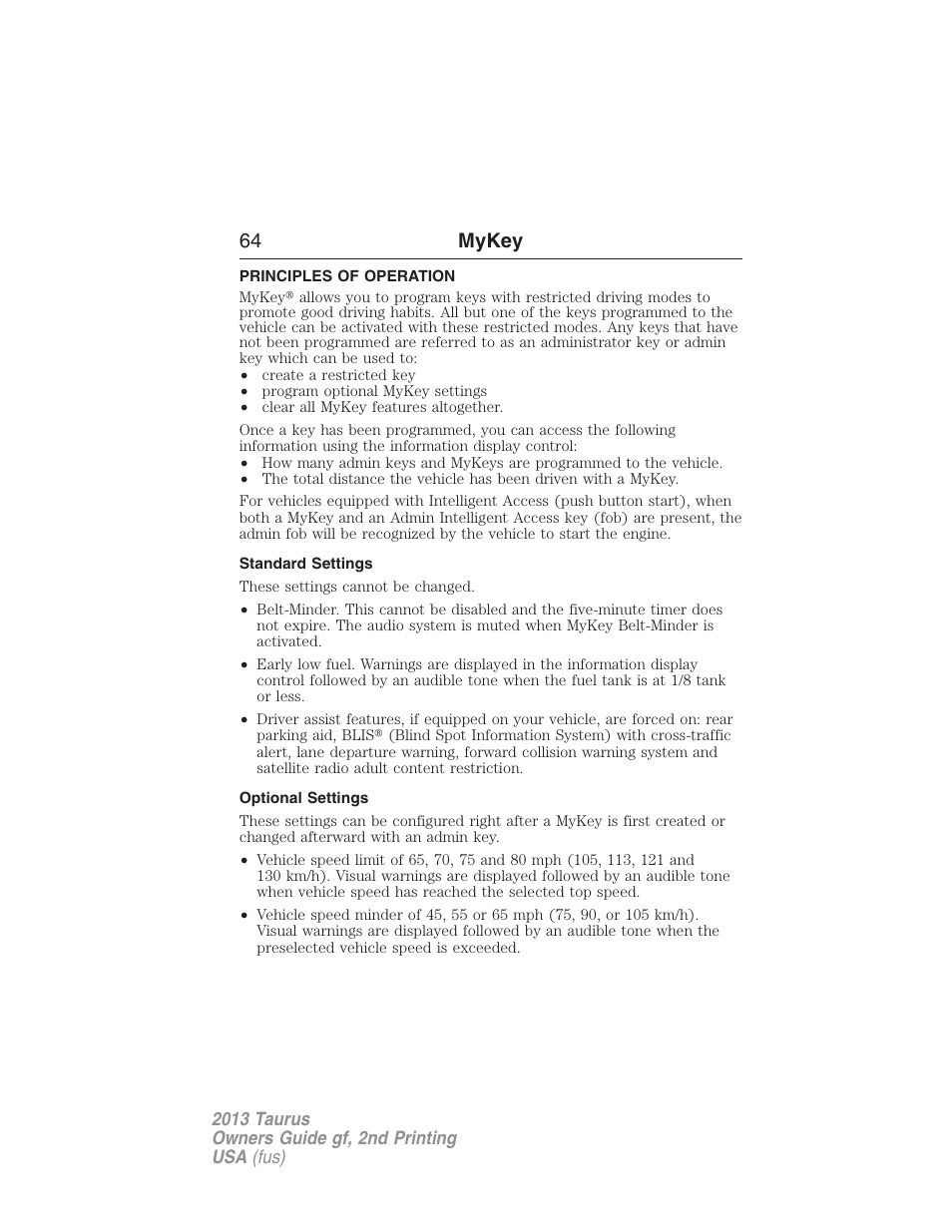 Mykey, Principles of operation, Standard settings | Optional settings, Settings, mykey, 64 mykey | FORD 2013 Taurus v.2 User Manual | Page 64 / 541