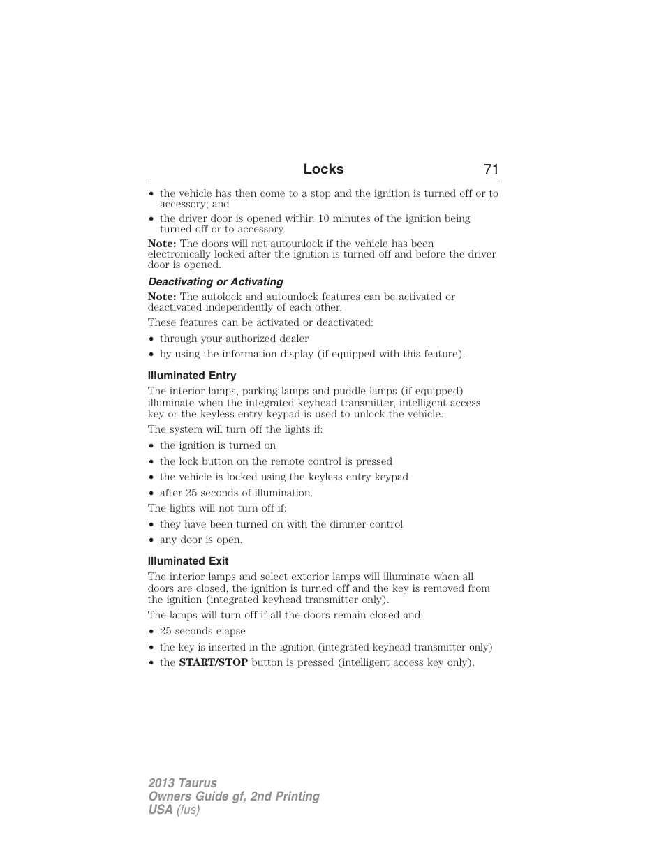 Deactivating or activating, Illuminated entry, Illuminated exit | Locks 71 | FORD 2013 Taurus v.2 User Manual | Page 71 / 541