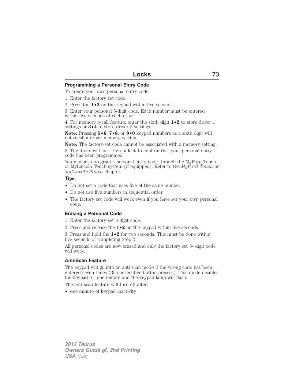 Programming a personal entry code, Erasing a personal code, Anti-scan feature | Locks 73 | FORD 2013 Taurus v.2 User Manual | Page 73 / 541