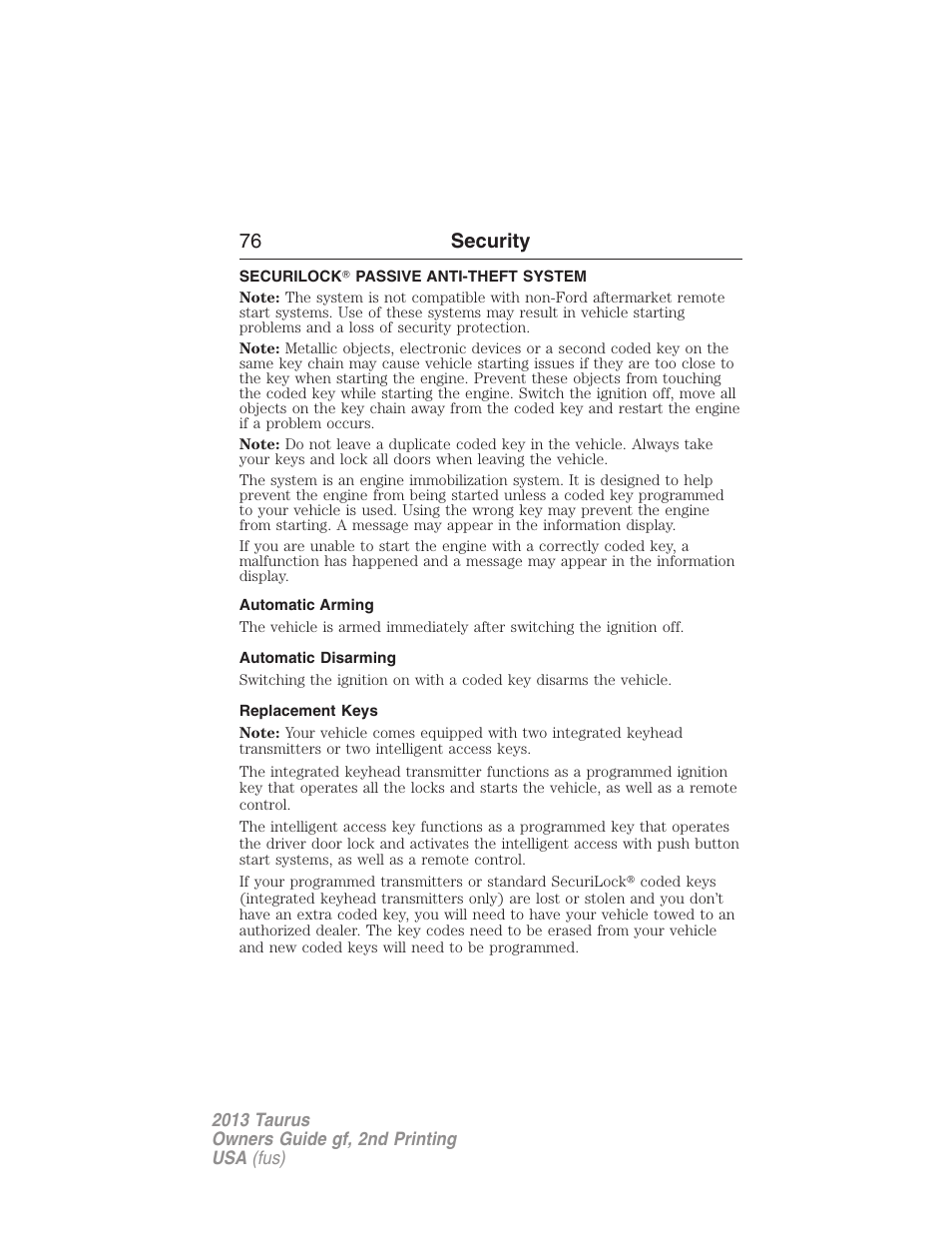 Security, Securilock? passive anti-theft system, Automatic arming | Automatic disarming, Replacement keys, Securilock, Passive anti-theft system, 76 security | FORD 2013 Taurus v.2 User Manual | Page 76 / 541