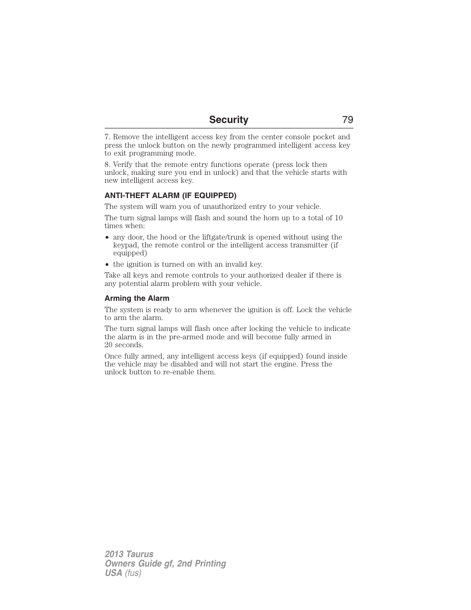 Anti-theft alarm (if equipped), Arming the alarm, Anti-theft alarm | Security 79 | FORD 2013 Taurus v.2 User Manual | Page 79 / 541