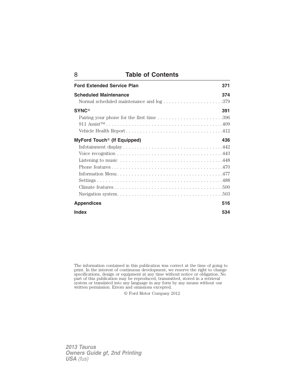 8table of contents | FORD 2013 Taurus v.2 User Manual | Page 8 / 541