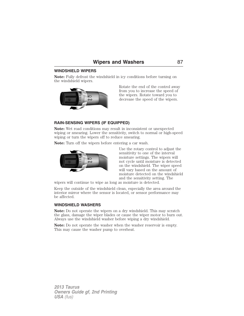 Wipers and washers, Windshield wipers, Rain-sensing wipers (if equipped) | Windshield washers, Rain-sensing wipers, Wipers and washers 87 | FORD 2013 Taurus v.2 User Manual | Page 87 / 541