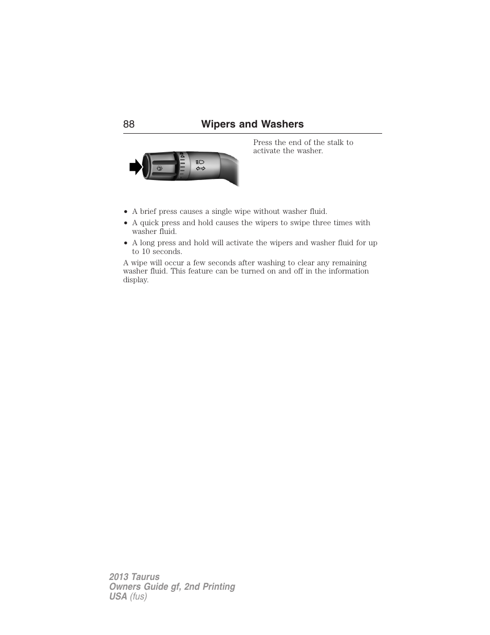 88 wipers and washers | FORD 2013 Taurus v.2 User Manual | Page 88 / 541