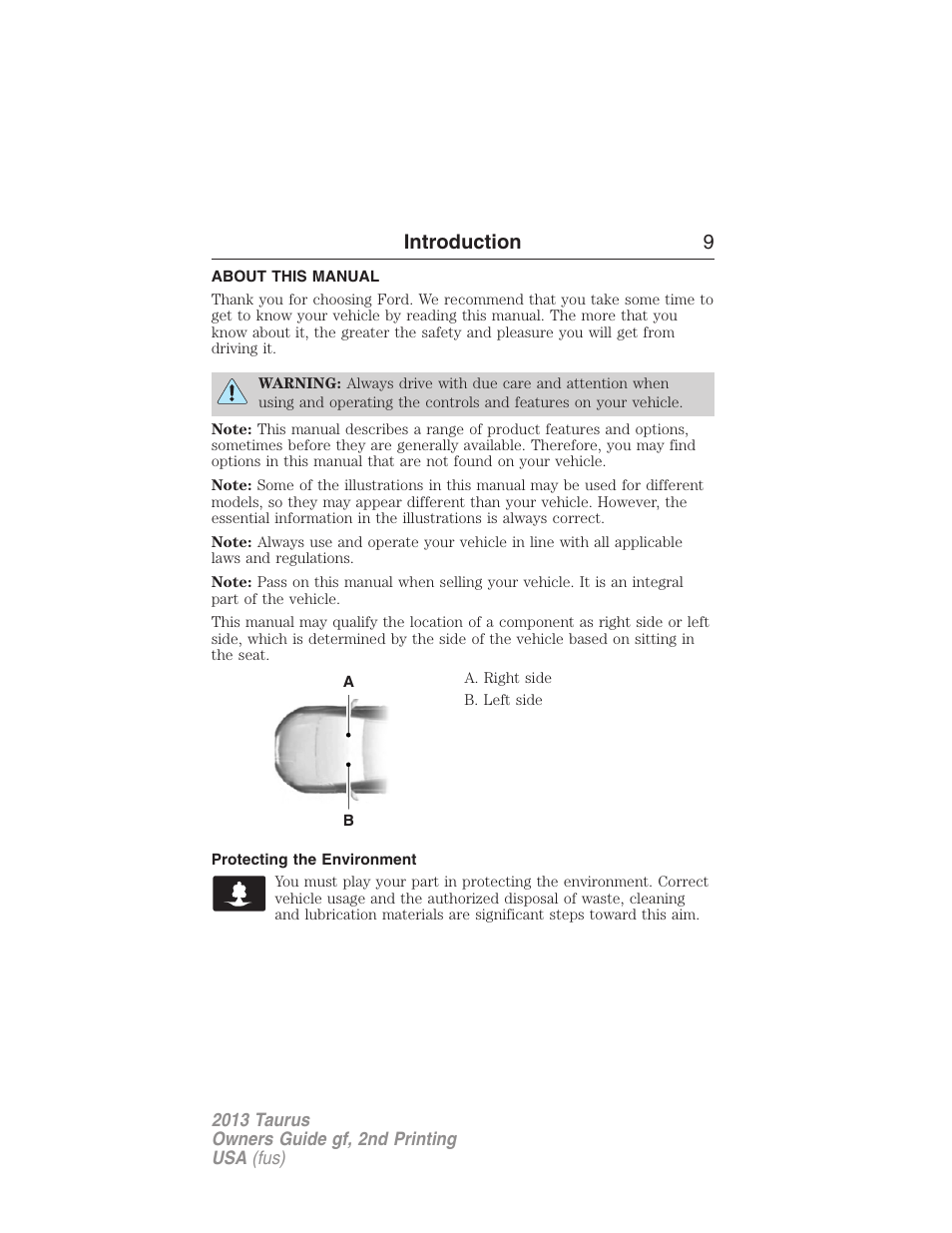 Introduction, About this manual, Protecting the environment | Introduction 9 | FORD 2013 Taurus v.2 User Manual | Page 9 / 541